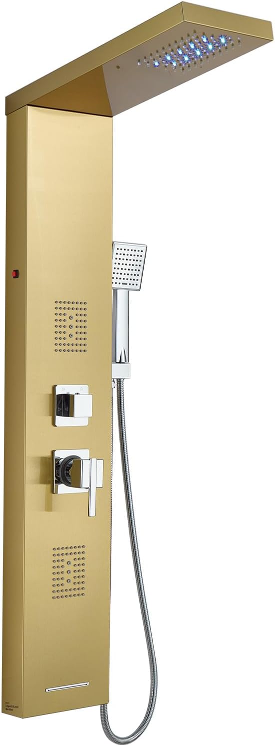 5-in-1 LED Shower Panel Tower System Stainless Steel Gold | Rainfall head | 2 massage jets | Handheld shower | Tub spout | LED lights | Wall mount