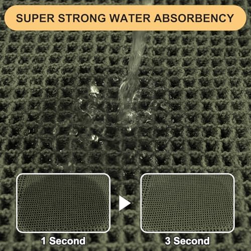 Waffle Bath Mat Set 2 Piece, Boho Woven Modern Bath Rug Absorbent Non Slip, Ultra Soft Bathroom Mats, Machine Washable Knit Bath Rugs with Tassels for Bathroom, Bedroom, Kitchen, Shower, Dark Green