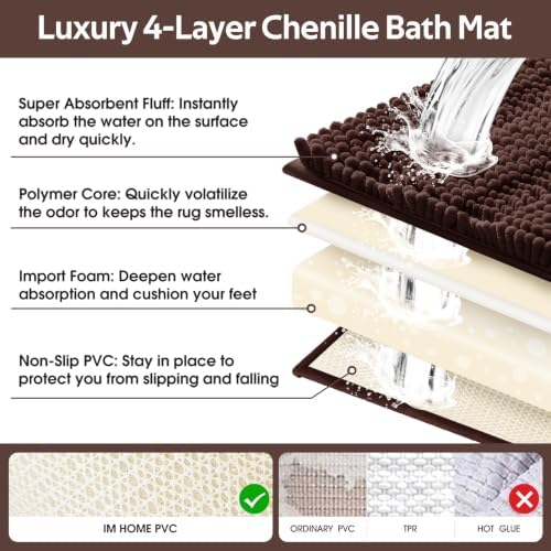ACCUMTEK Striped Brown Toilet Bathroom Rug Mat Set 2 piece Rug Ultra Soft, Non Slip Chenille Bath Rugs, Absorbent Plush Shaggy Bath Mats for Bathroom, Bedroom, Kitchen, Shower, Tub