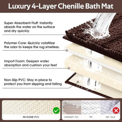 ACCUMTEK Striped Brown Toilet Bathroom Rug Mat Set 2 piece Rug Ultra Soft, Non Slip Chenille Bath Rugs, Absorbent Plush Shaggy Bath Mats for Bathroom, Bedroom, Kitchen, Shower, Tub