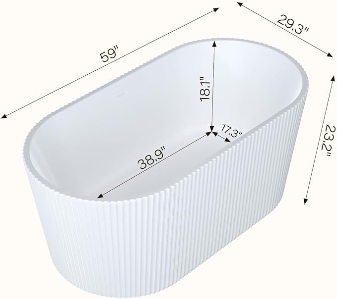 59" Modern V-Shape Freestanding Bathtub - Gloss White Acrylic Soaker with Pleated Design, Chrome Drain & Overflow,Cupc Certified,Gloss White