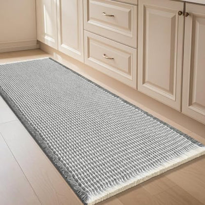 IM HOME Waffle Bath Mat Darkgrey & Cream 4'x2', Boho Woven Modern Bath Mat Rugs, Absorbent Non Slip Bathroom Rugs, Soft Washable Bath Rugs with Tassels for Bathroom, Bedroom, Kitchen, Shower, Tub