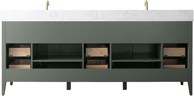 HOMEBEYOND 84" Bathroom Vanity with Double Sink & Engineered Marble Top, Solid Wood Frame, Linear Pattern & Soft Close Door | Golden Brushed Handware,Vintage Green