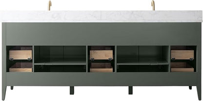 HOMEBEYOND 84" Bathroom Vanity with Double Sink & Engineered Marble Top, Solid Wood Frame, Linear Pattern & Soft Close Door | Golden Brushed Handware,Vintage Green