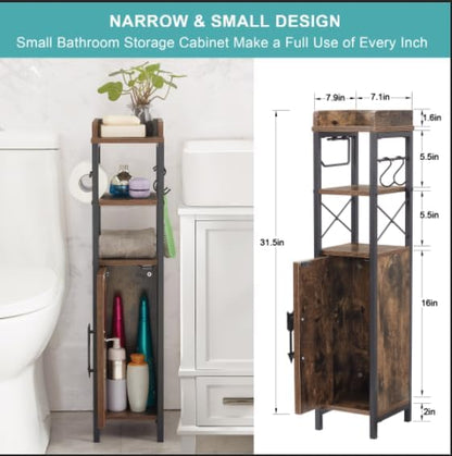 VECELO Slim Toilet Paper Holder, Small Cabinet with Door & 2 Shelves Fenced Top, Bathroom Narrow Storage Organizer for Restroom Bathroom Tiny Space, Rustic Brown