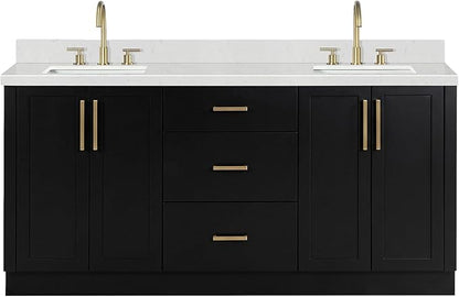 ARIEL Loren 72-inch Bathroom Vanity with Sink,Solid Wood, 1.5-inch Carrara White Quartz Countertop, Double Rectangular Porcelain Sink, 4 Soft Closing Doors, 3 Dovetail Drawers, Black