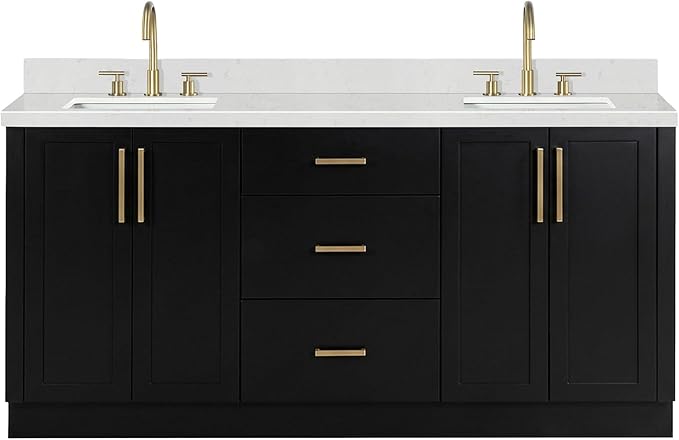 ARIEL Loren 72-inch Bathroom Vanity with Sink,Solid Wood, 1.5-inch Carrara White Quartz Countertop, Double Rectangular Porcelain Sink, 4 Soft Closing Doors, 3 Dovetail Drawers, Black
