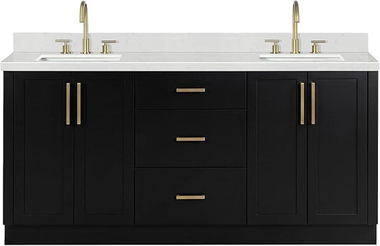 ARIEL Loren 72-inch Bathroom Vanity with Sink,Solid Wood, 1.5-inch Carrara White Quartz Countertop, Double Rectangular Porcelain Sink, 4 Soft Closing Doors, 3 Dovetail Drawers, Black