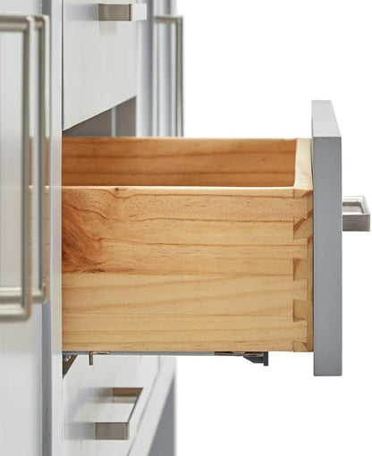 DKB Olivia 72" Grey Double Bathroom Vanity, 1.5" Edge Pure White Quartz Countertop, Rectangular Sinks, 4 Soft Closing Doors, 3 Dovetail Drawers, Open Shelf