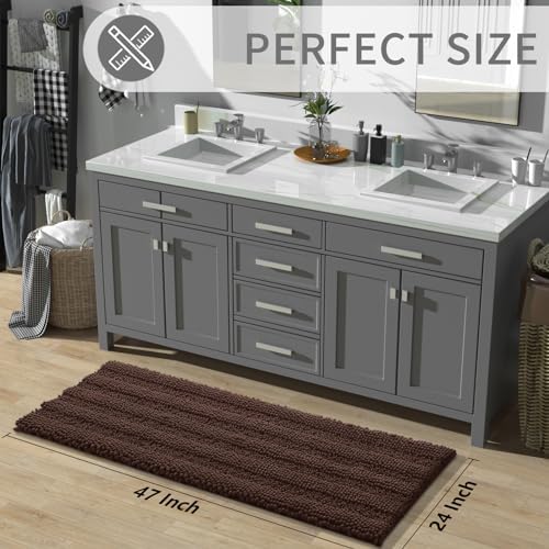 Yimobra Bathroom Rug Mat 47 x 24, Non Slip and Super Absorbent Bath Mat,Machine Washable Quick Dry,Ultra Plush Chenille Shower Rugs for Bathroom Floor Sink Tub and Shower Outside,Brown