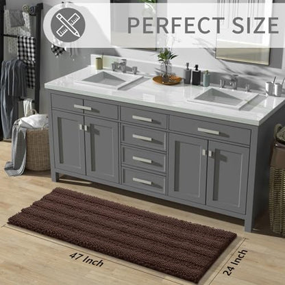 Yimobra Bathroom Rug Mat 47 x 24, Non Slip and Super Absorbent Bath Mat,Machine Washable Quick Dry,Ultra Plush Chenille Shower Rugs for Bathroom Floor Sink Tub and Shower Outside,Brown