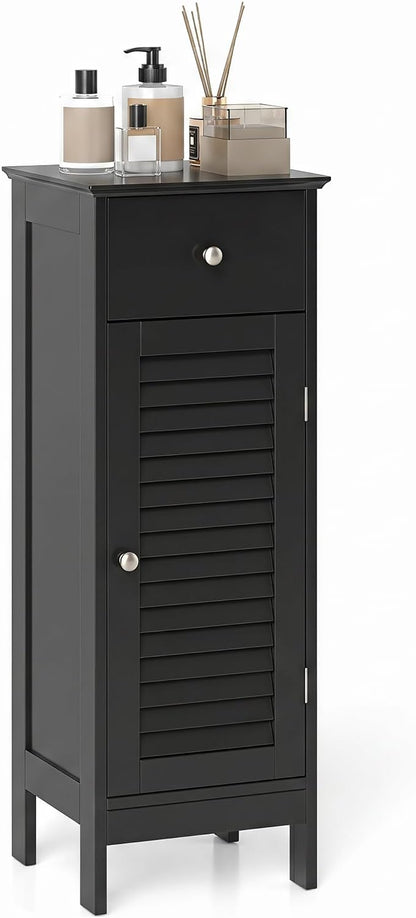 GIANTEX Bathroom Floor Storage Cabinet with Door and Drawer, Black | Freestanding Side Cabinet with 3-Height Adjustable Shelf, Slim Cupboard, Storage Organizer Cabinet for Bedroom Living Room