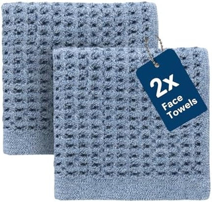 ONSEN Supima® Waffle Face Towels, Quick Dry Lint Free 100% USA Cotton, Lightweight Absorbent Face Towel Set, 12x12 in (Denim Blue, Face Towel 2-Pack)