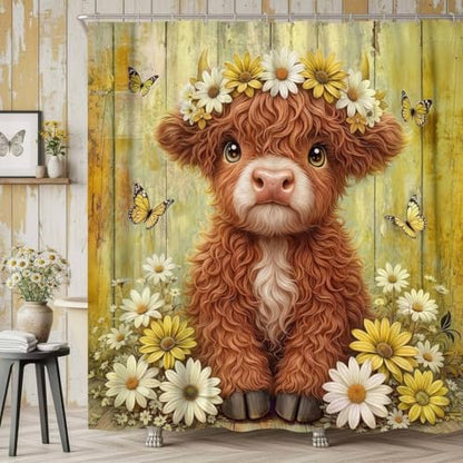Cute Cow Shower Curtain, Farmhouse Rustic Yellow Floral Daisy Highland Cow Shower Curtains for Bathroom, Calf Country Farm Animal Garden Plant Fabric Bathroom Decor with Hooks, 70x72 inch