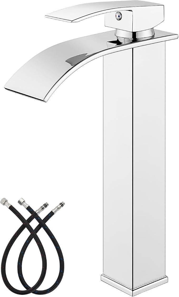 gotonovo Waterfall Tall Bathroom Faucet 1 Hole No Drain, Polish Chrome | Modern Vessel Sink Faucet Single Handle 304 Stainless Steel,24” cUPC Supply Hoses,for Bowl Basin Lavatory Vanity Restroom RV