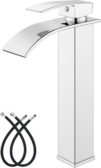 gotonovo Waterfall Tall Bathroom Faucet 1 Hole No Drain, Polish Chrome | Modern Vessel Sink Faucet Single Handle 304 Stainless Steel,24” cUPC Supply Hoses,for Bowl Basin Lavatory Vanity Restroom RV