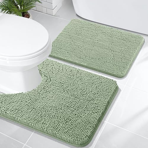 OLANLY Chenille Bathroom Rugs Mats Set 2 Piece, 24"x16"+24"x20", Sage Green