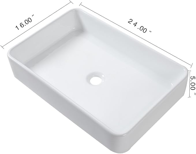 24"x16" Rectangle Bathroom Vessel Sink Porcelain Ceramic White Vanity Sink Above Counter Modern Sink for Cabinet, Lavatory, Hotel Art Basin, Home Washing Basin