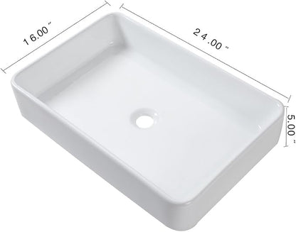24"x16" Rectangle Bathroom Vessel Sink Porcelain Ceramic White Vanity Sink Above Counter Modern Sink for Cabinet, Lavatory, Hotel Art Basin, Home Washing Basin