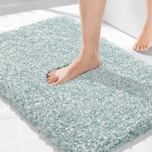 Yimobra Bath Rugs for Bathroom 32X20, Ultra Soft and Water Absorbent Bath Mats, Non Slip Plush Shower Mat, Microfiber Thick Matts for Bathroom Floor/Tub, Machine Washable, Sky Light Blue and White