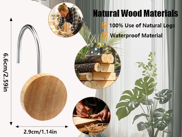 Shower Curtain Hooks, Wood Decorative Shower Curtain Rings, Modern Round Log Shower Curtain Hangers, 12PCS Shower Hooks for Shower Curtain Rod, Bedroom, Living Room (Silvery 1)