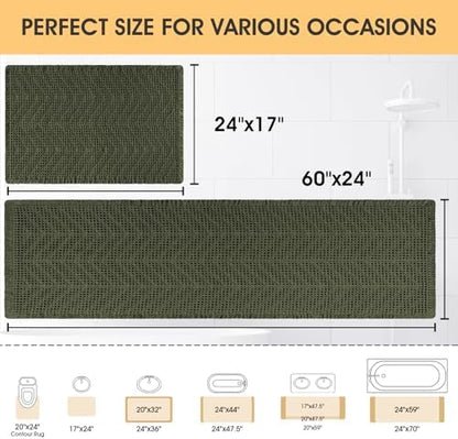 Waffle Bath Mat Set 2 Piece, Boho Woven Modern Bath Rug Absorbent Non Slip, Ultra Soft Bathroom Mats, Machine Washable Knit Bath Rugs with Herringbones for Bathroom, Kitchen, Shower, Tub, Dark Green