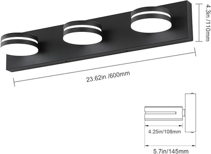 3-Light Bathroom Vanity Light Over Mirror, (24inch Dimmable) Matte Black LED Vanity Lighting Fixtures, Modern Bathroom Wall Light Fixtures with 360°Rotating Lamp Head (Cool White 5500K)