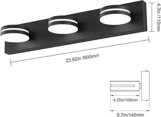 3-Light Bathroom Vanity Light Over Mirror, (24inch Dimmable) Matte Black LED Vanity Lighting Fixtures, Modern Bathroom Wall Light Fixtures with 360°Rotating Head (Cool White 5500K)