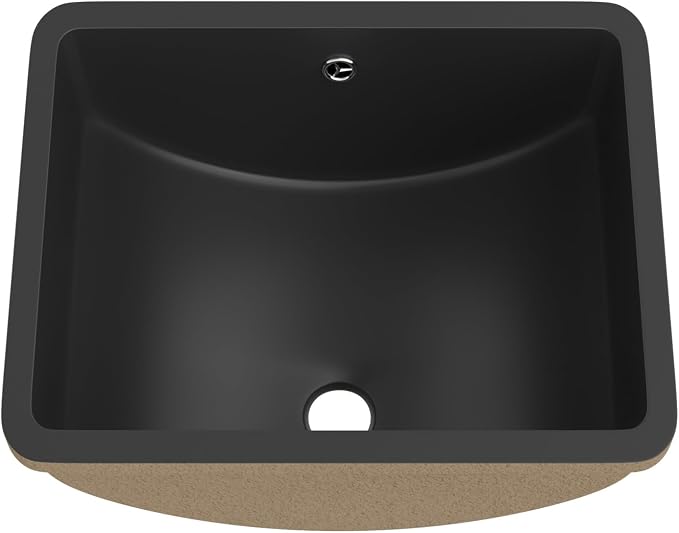 Black Undermount Bathroom Sink 18"x14"Ceramic Basin | Modern Porcelain Under Counter Bathroom Vanity Sink, Interior Bowl 16.3"x 16.9", Rectangular Undermount Basin with Overflow
