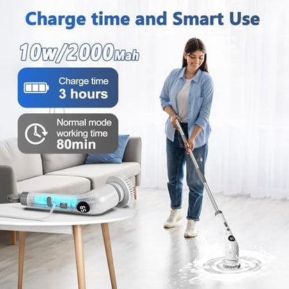 Qimedo Upgrade Rechargeable Electric Scrubber for Cleaning, 45-inch Handheld Spin Scrubber with Extended Long Handle, Cordless Power Dish Scrubber with 6 Brushes for Bathtub Grout Tile Floor