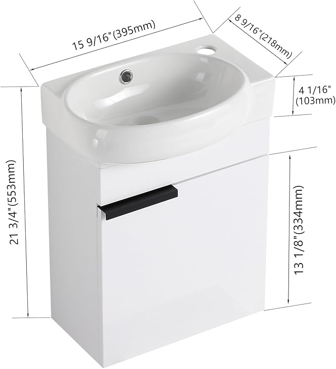 Henf 17 Inch Wall Mounted Bathroom Vanity Sink Combo for Small Space,Modern White Vanities Set with Ceramic Sink Top,Hanging Garage Vanity w/Sink, Floating Small Bathroom Cabinet Compact