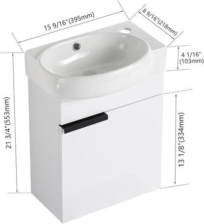 Henf 17 Inch Wall Mounted Bathroom Vanity Sink Combo for Small Space,Modern White Vanities Set with Ceramic Sink Top,Hanging Garage Vanity w/Sink, Floating Small Bathroom Cabinet Compact