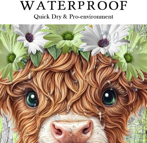 Farmhouse Flower Floral Shower Curtain, Rustic Funny Highland Cow Daisy Shower Curtain Set, Country Wild Garden Plant Fabric, Brown Wooden Board Bathroom Accessories Curtains with Hooks 70X75in