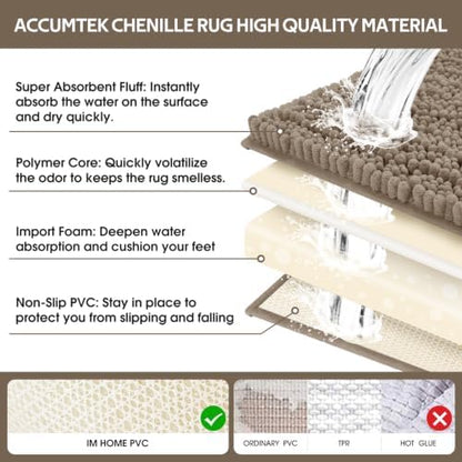 ACCUMTEK Upgrade Extra Large Dark Beige Bathroom Rug Set 3 Pieces Gray Ultra Soft, Thick Absorbent Bath Mats, Non Slip Chenille Toilet Mat Bathroom, Bedroom, Kitchen, Taupe