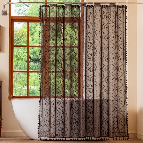 WAZZIO Brown Lace Shower Curtain for Bathroom 72" W x 72" L, Victorian Farmhouse Floral Pattern Tassel Fancy Shower Curtain Boho Washable Cloth Decorative Bath Curtains,1 Panel