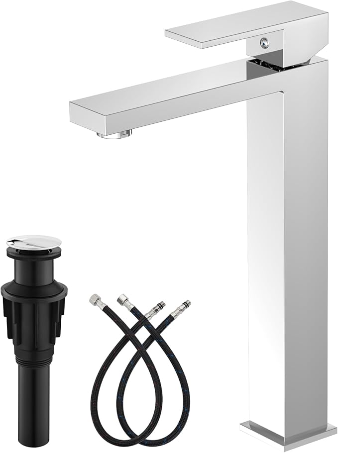 gotonovo Vessel Sink Faucet Single Handle Tall Bathroom Faucet One Hole Modern Lavatory Vanity Basin Mixer Tap Matching Supply Hoses and Pop up Drain Without Overflow, Polish Chrome