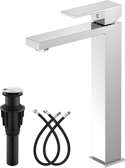gotonovo Vessel Sink Faucet Single Handle Tall Bathroom Faucet One Hole Modern Lavatory Vanity Basin Mixer Tap Matching Supply Hoses and Pop up Drain Without Overflow, Polish Chrome