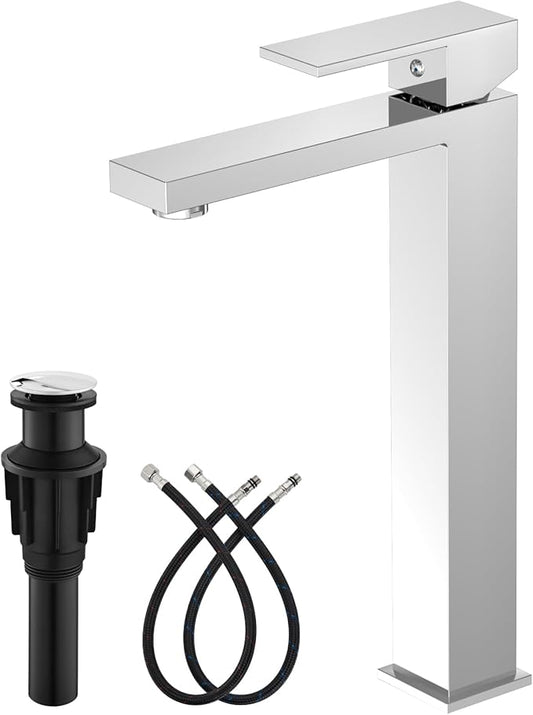 gotonovo Vessel Sink Faucet Single Handle Tall Bathroom Faucet One Hole Modern Lavatory Vanity Basin Mixer Tap Matching Supply Hoses and Pop up Drain Without Overflow, Polish Chrome
