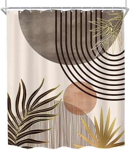 Mid Century Boho Abstract Gray Modern Brown Bathroom Shower Curtain Set