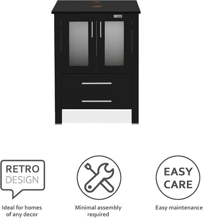 eclife 84" Modern Bathroom Vanity Sink Combo Freestanding Cabinet with Small Side Cabinet, Brown Boat Glass Vessel Sink, Water Save Faucet, Drain (Black+A29BR)