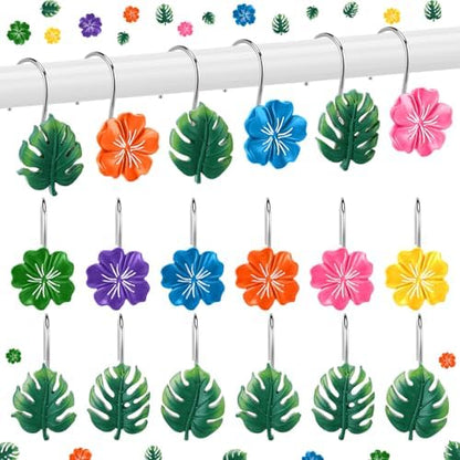 Thyle 12 Pcs Hawaiian Tropical Leaf Hibiscus Flower Shower Curtain Hooks, Colorful Resin Ornament Rings Summer Shower Curtain Hooks Decorative Rings for Home Holiday Bathroom Restroom Accessories