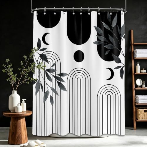 Mid Century Modern White and Black Shower Curtain Bohemian MCM Black and White Shower Curtains for Mens Bathroom Decor, Boho Minimalist Pattern, Waterproof Cloth Fabric with Hooks 60x72 in
