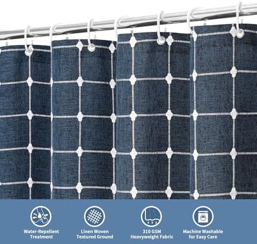 Boho Farmhouse Classic Plaid Linen Tassel Shower Curtain Navy Blue,72x72