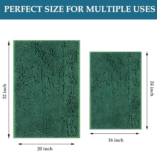 Luxury Bathroom Rug Mat 24x16+20x32, Extra Soft and Absorbent Chenille Bath Rugs, Plush Shaggy Bathroom Carpet, Non-Slip Bathtub Mat, Bath Mats for Bathrooms Floor, Tub and Shower, Deep Green