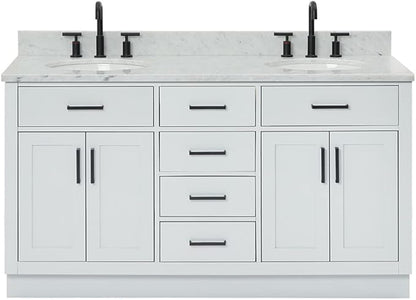 ARIEL Hepburn 60-inch Bathroom Vanity with Sink,Solid Wood, 0.75-inch Italian Carrara Marble Countertop & Backsplash, Double Oval Porcelain Sink, 4 Soft Closing Doors, 6 Dovetail Drawers, Grey