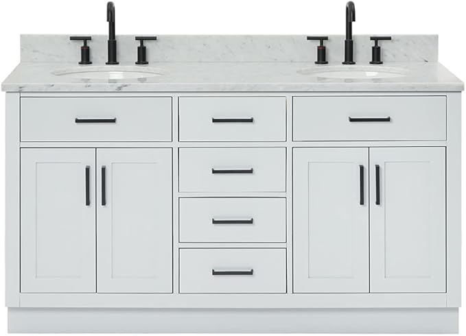ARIEL Hepburn 60-inch Bathroom Vanity with Sink,Solid Wood, 0.75-inch Italian Carrara Marble Countertop & Backsplash, Double Oval Porcelain Sink, 4 Soft Closing Doors, 6 Dovetail Drawers, Grey