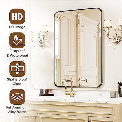 Antok 24x36 Black Metal Framed Bathroom Mirror, Wall Mirror with Round Corners, Vanity Mirror for Over Sink, Anti-Rust Tempered Glass, Horizontal/Vertical Hanging for Bathroom, Living Room, Entryway