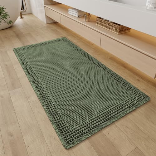 RESARE Waffle Bathroom Runner Rugs, Non Slip Boho Bath Mat 24"x48" Green