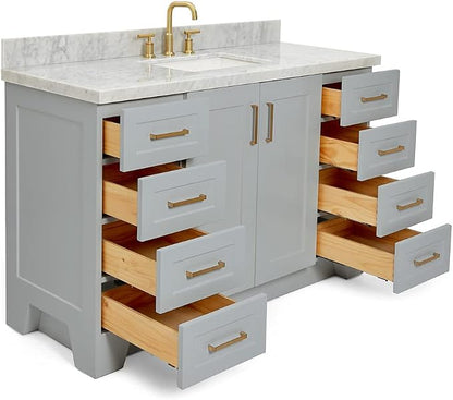 DKB Emilia 54" Grey Bathroom Vanity with Sink, 1.5" Edge Italian Carrara Marble Countertop, Rectangular Undermount Sink, 2 Soft-Closing Doors, 9 Dovetail Drawers, Brushed Nickel