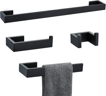 4 Pieces Bathroom Hardware Accessories Set Black Towel Bar Towel Holder Robe Hook Toilet Paper Holder Stainless Steel,Q8-P4BK